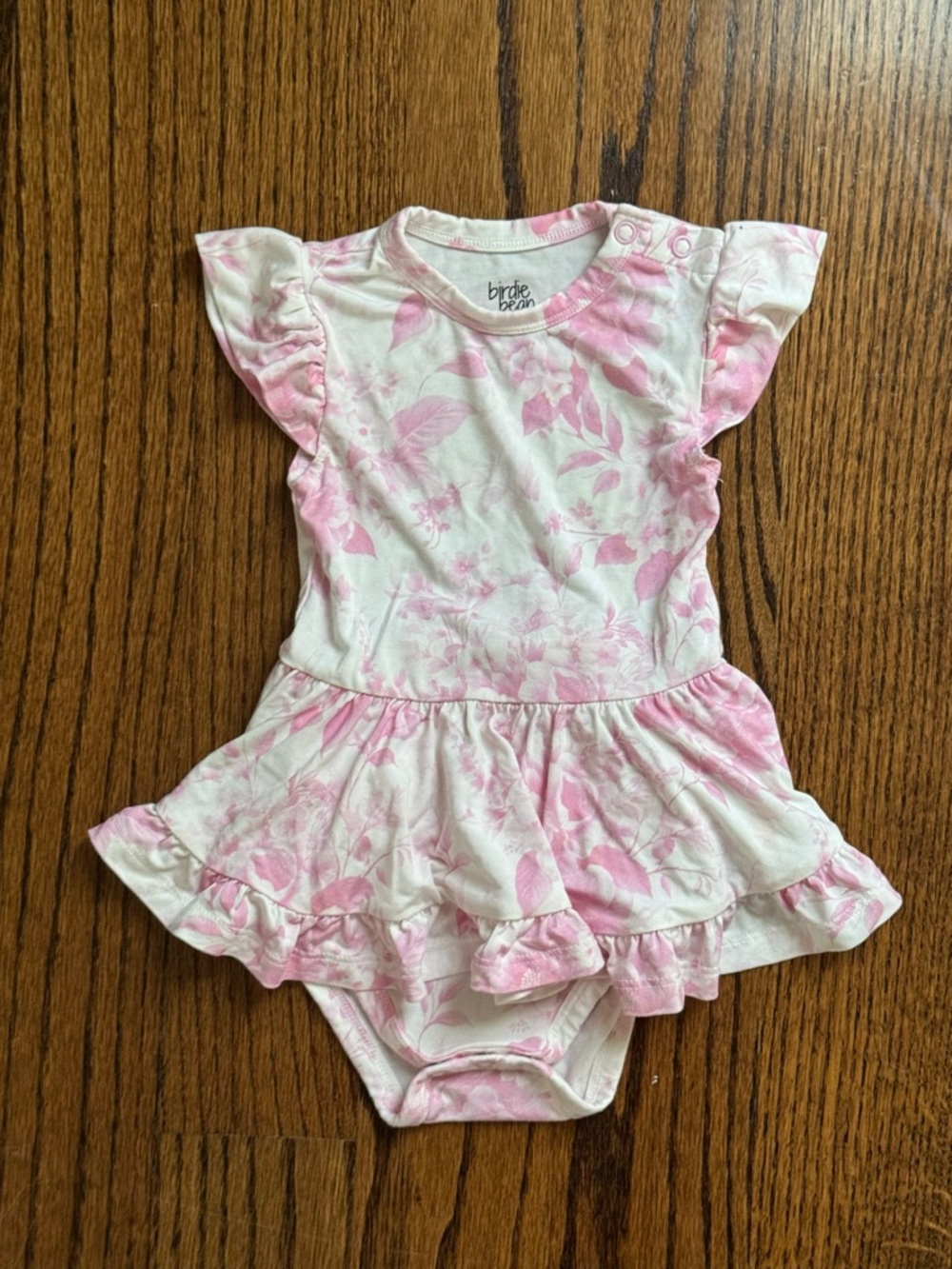 6-12m Birdie Bean Pink White Floral Ruffle Onesie
